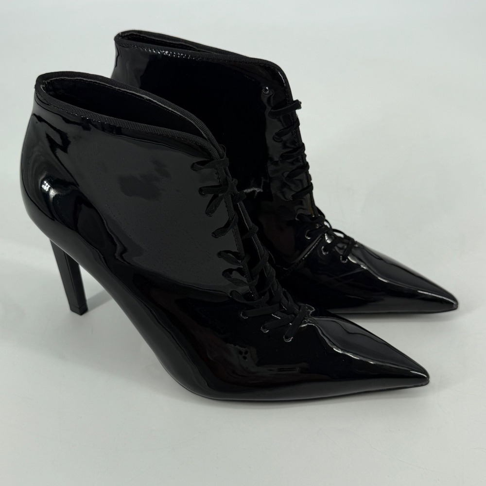 Zara Womens Black Patent Lace Up Pointed Toe Stiletto Ankle Boots 36 Witchy